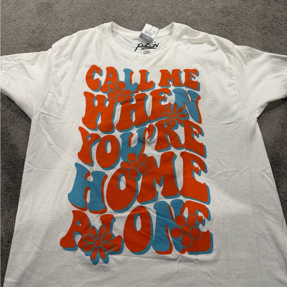White Graphic Tee with Orange and Blue Print